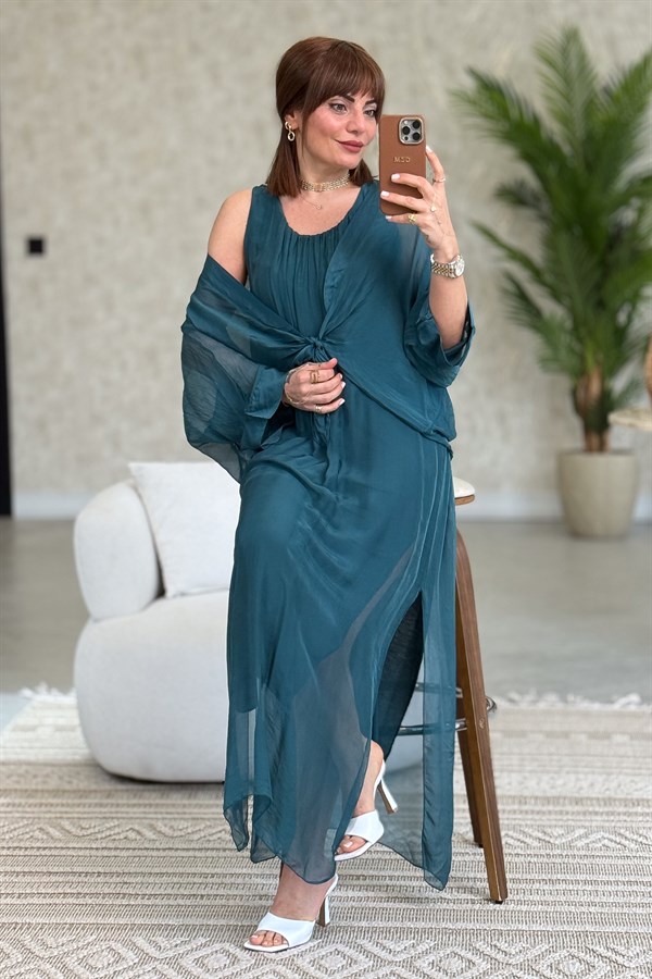 Bolera Ve Elbiseli İpek Takım Nefti Yeşil Renk