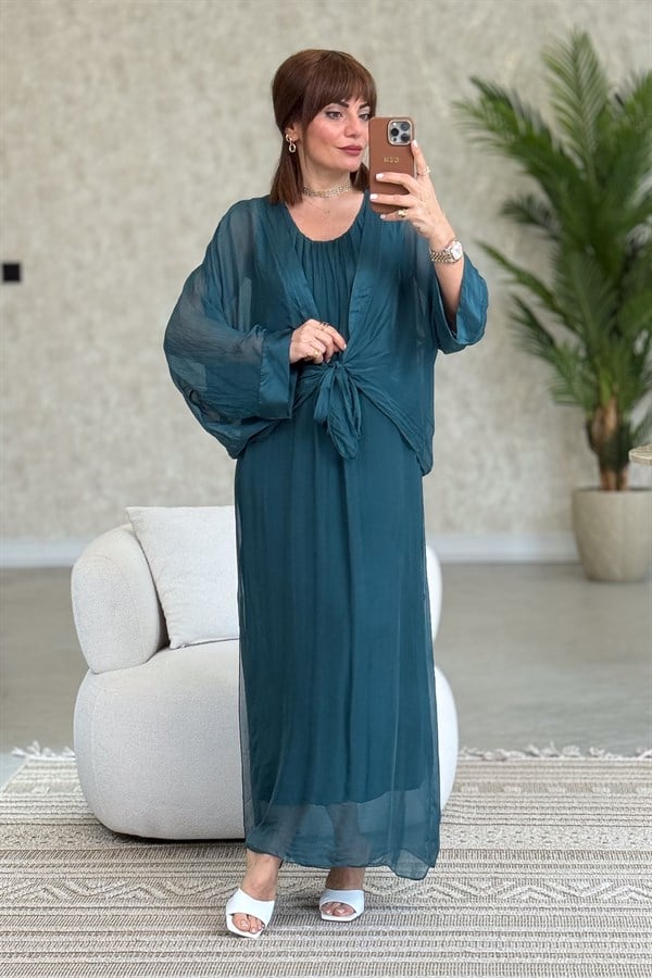 Bolera Ve Elbiseli İpek Takım Nefti Yeşil Renk