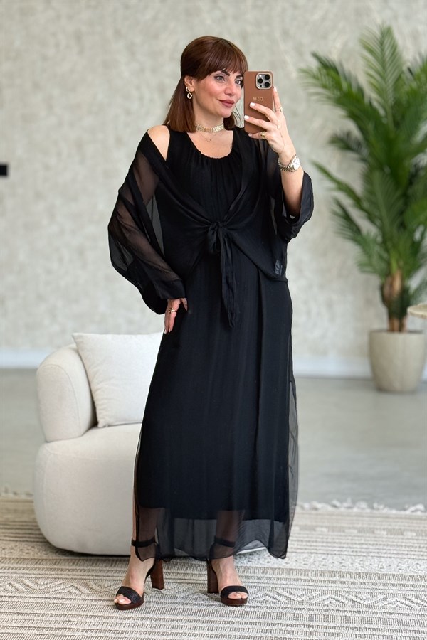 Bolera Ve Elbiseli İpek Takım Siyah Renk