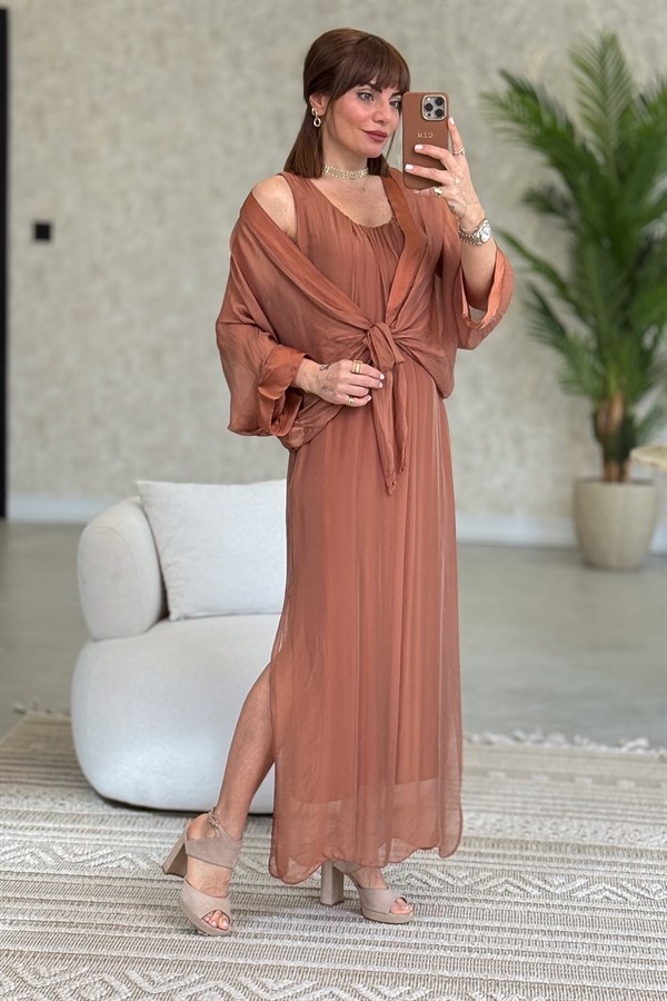 Bolera Ve Elbiseli İpek Takım Taba Renk