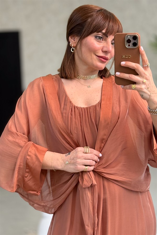 Bolera Ve Elbiseli İpek Takım Taba Renk