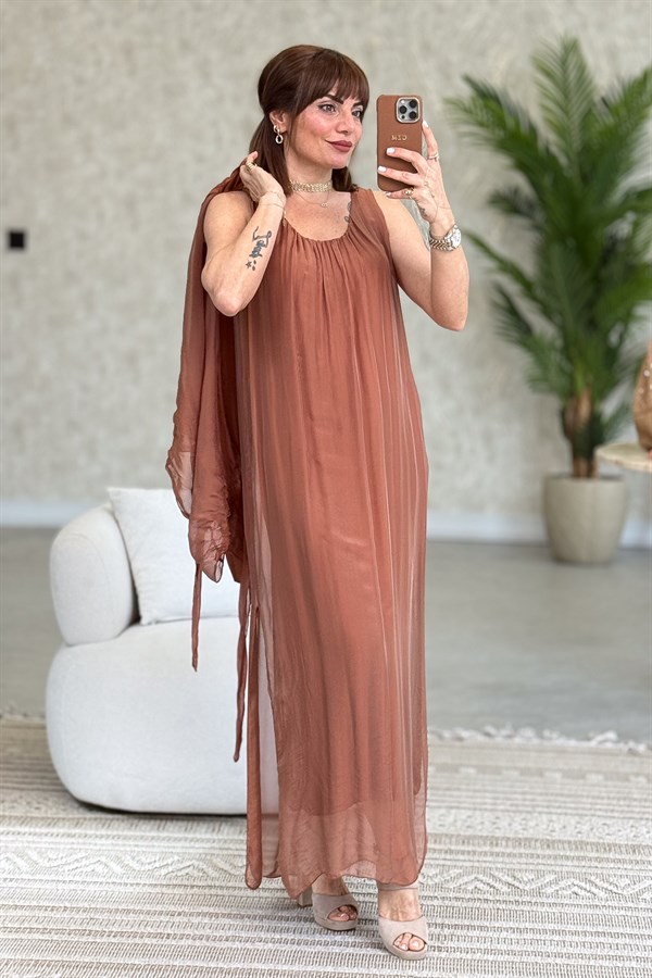 Bolera Ve Elbiseli İpek Takım Taba Renk