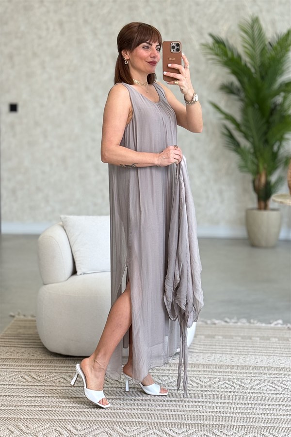 Bolera Ve Elbiseli İpek Takım Vizon Renk