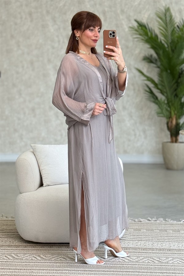 Bolera Ve Elbiseli İpek Takım Vizon Renk