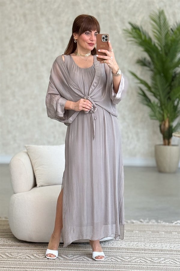 Bolera Ve Elbiseli İpek Takım Vizon Renk