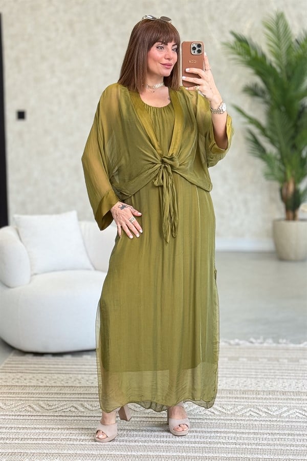 Bolera Ve Elbiseli İpek Takım Yağ Yeşili Renk