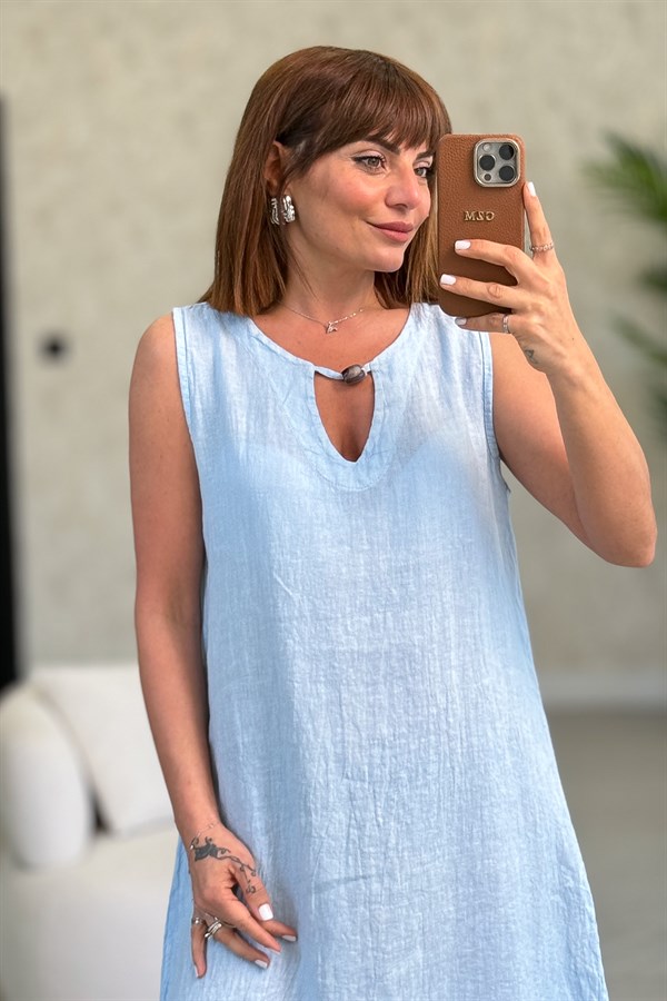 Boncuk Detaylı Kolsuz Keten Elbise Bebe Mavi Renk