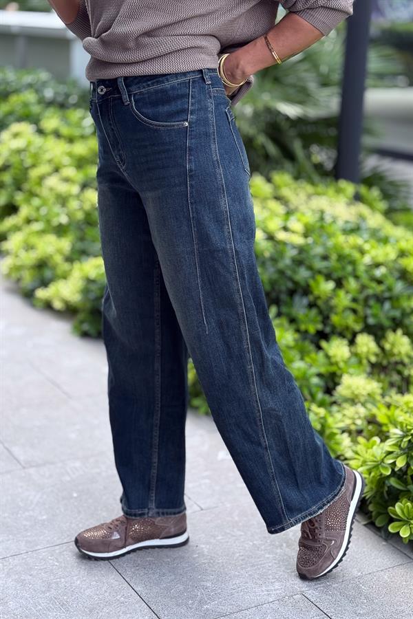 Boru Paça Eskitmeli Kot Pantolon Koyu Mavi Renk