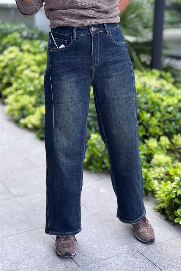 Boru Paça Eskitmeli Kot Pantolon Koyu Mavi Renk