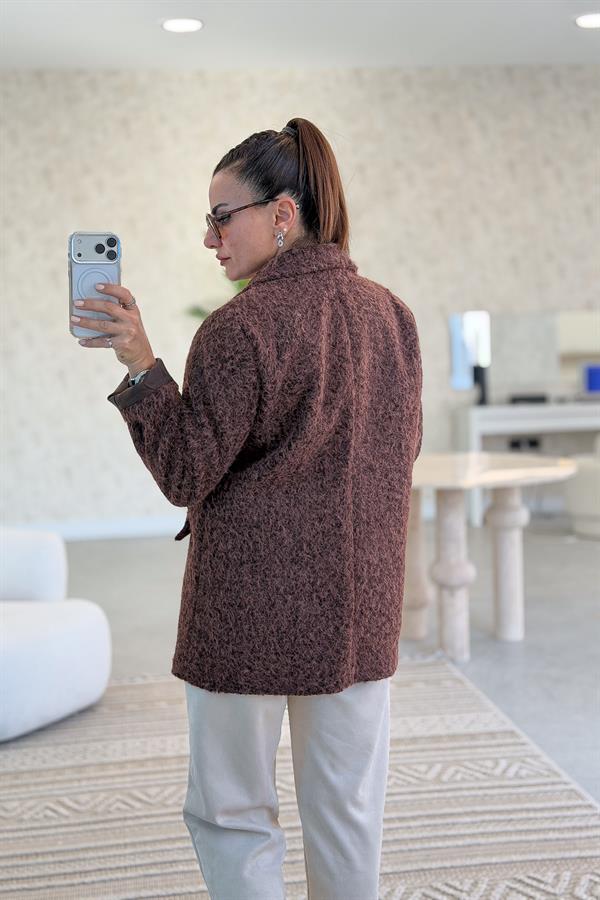 Broşlu Keçe Blazer Ceket Kızılkahve Renk
