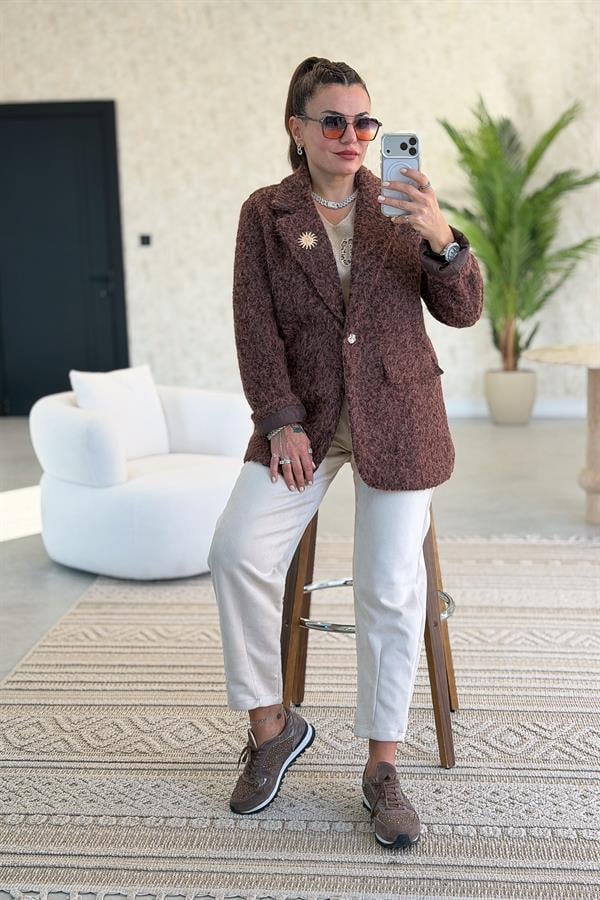 Broşlu Keçe Blazer Ceket Kızılkahve Renk