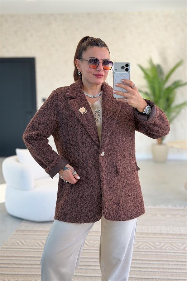 Broşlu Keçe Blazer Ceket Kızılkahve Renk