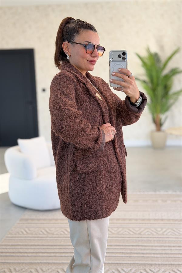 Broşlu Keçe Blazer Ceket Kızılkahve Renk