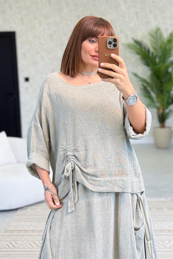 Büzgü Detaylı Etek Bluz Alt Üst Yıkamalı Keten Takım Haki Renk