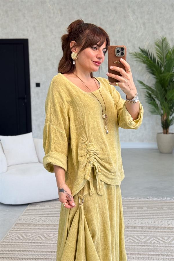 Büzgü Detaylı Etek Bluz Alt Üst Yıkamalı Keten Takım Hardal Renk