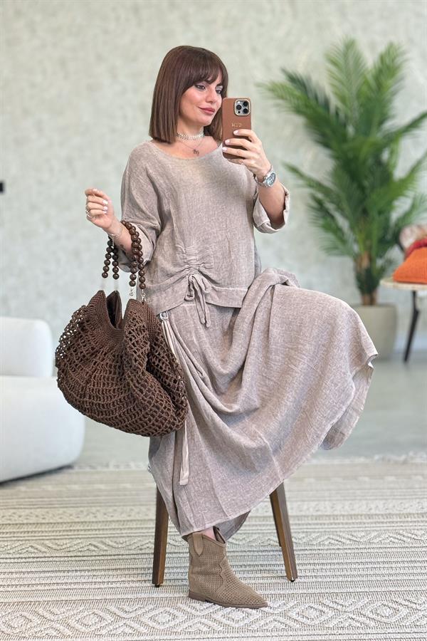 Büzgü Detaylı Etek Bluz Alt Üst Yıkamalı Keten Takım Camel Renk