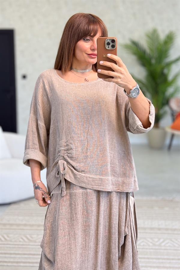 Büzgü Detaylı Etek Bluz Alt Üst Yıkamalı Keten Takım Camel Renk
