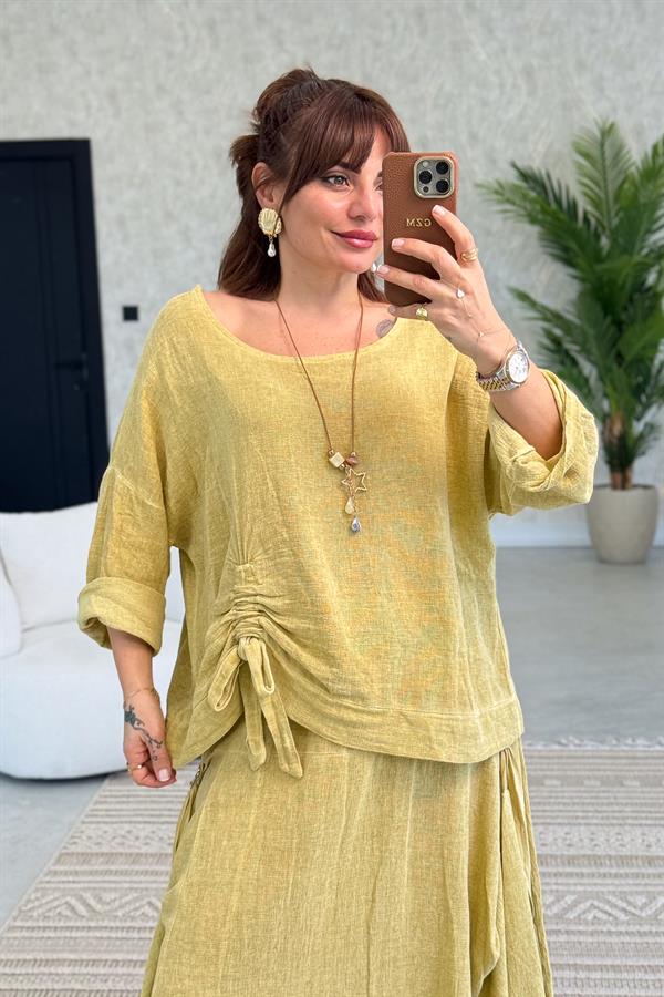 Büzgü Detaylı Etek Bluz Alt Üst Yıkamalı Keten Takım Hardal Renk