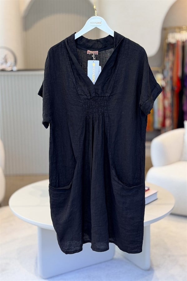 Büzgü Detaylı Kısa Boy Keten Elbise Siyah RenkELBİSE