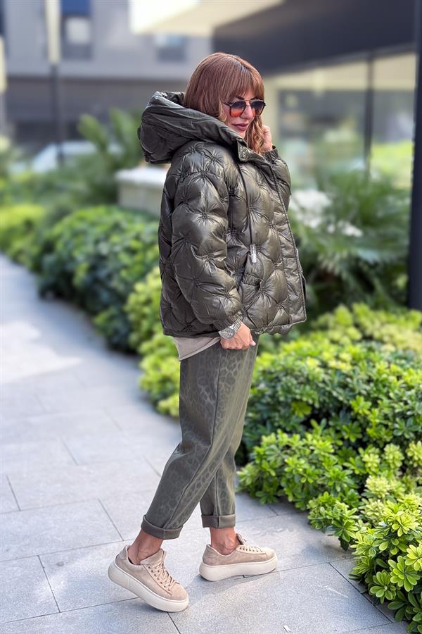 Büzgülü Kapitone Şişme Mont Haki Renk