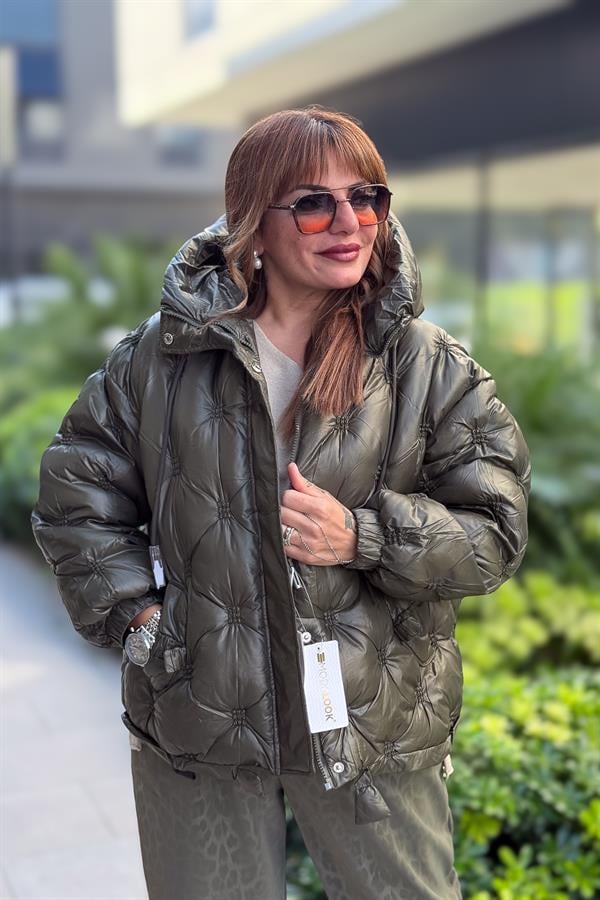 Büzgülü Kapitone Şişme Mont Haki Renk