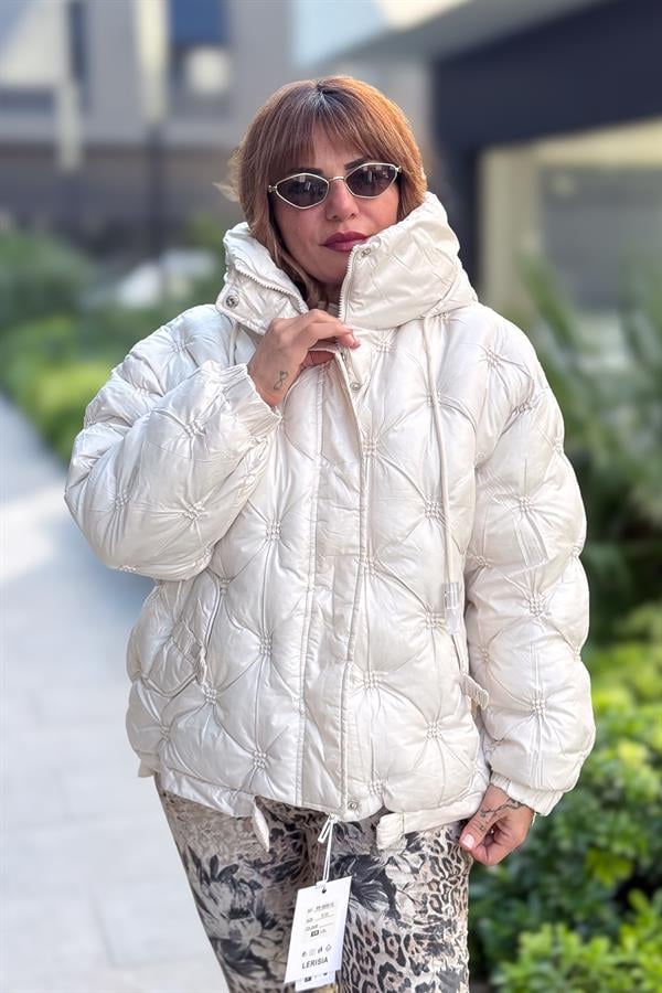 Büzgülü Kapitone Şişme Mont Krem Renk