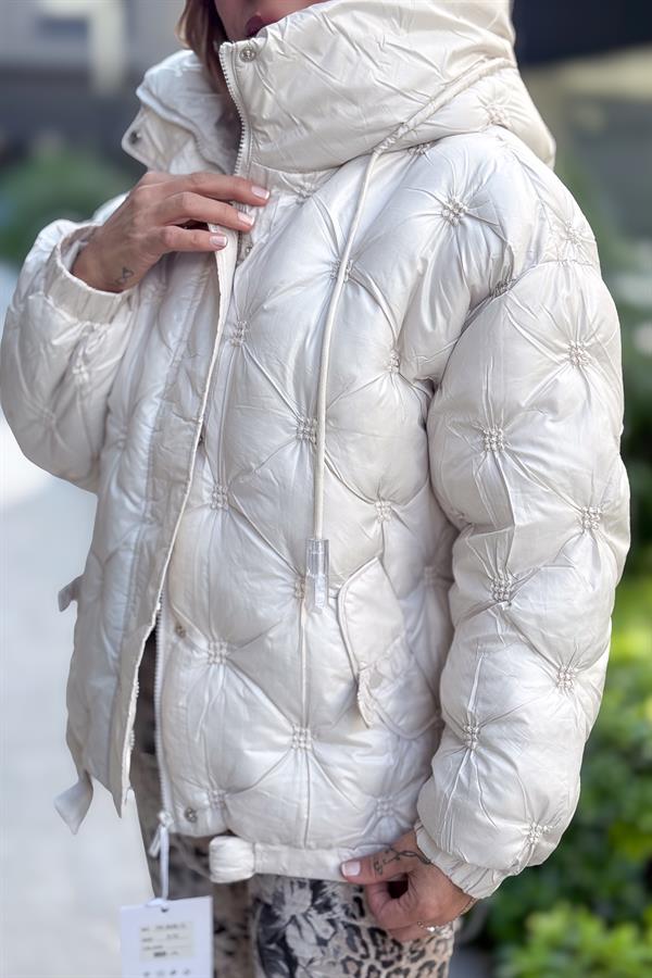 Büzgülü Kapitone Şişme Mont Krem Renk