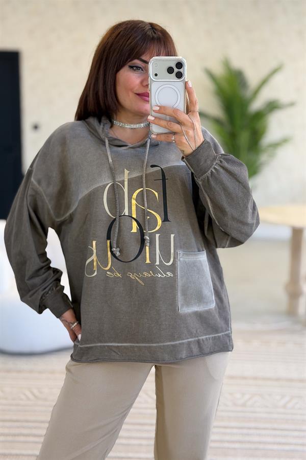 Cep Detaylı Gold Yazılı Yıkamalı Kapüşonlu Sweet Vizon Renk