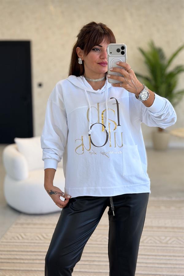 Cep Detaylı Gold Yazılı Yıkamalı Kapüşonlu Sweet Beyaz Renk