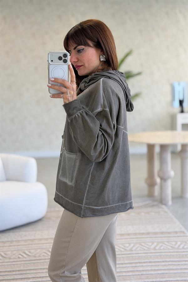 Cep Detaylı Gold Yazılı Yıkamalı Kapüşonlu Sweet Vizon Renk