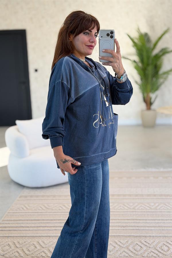 Cep Detaylı Gold Yazılı Yıkamalı Kapüşonlu Sweet İndigo Renk