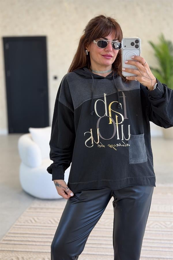 Cep Detaylı Gold Yazılı Yıkamalı Kapüşonlu Sweet Siyah Renk