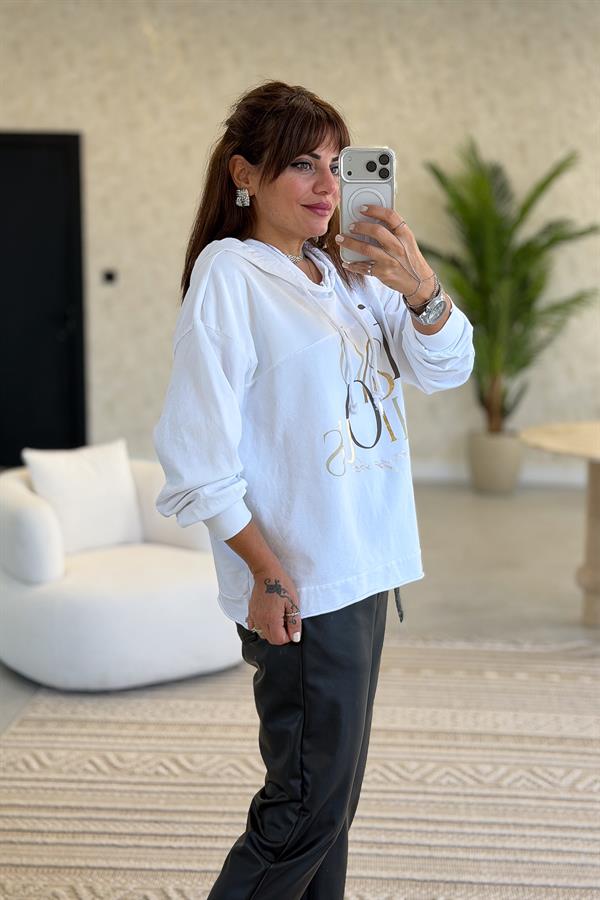 Cep Detaylı Gold Yazılı Yıkamalı Kapüşonlu Sweet Beyaz Renk