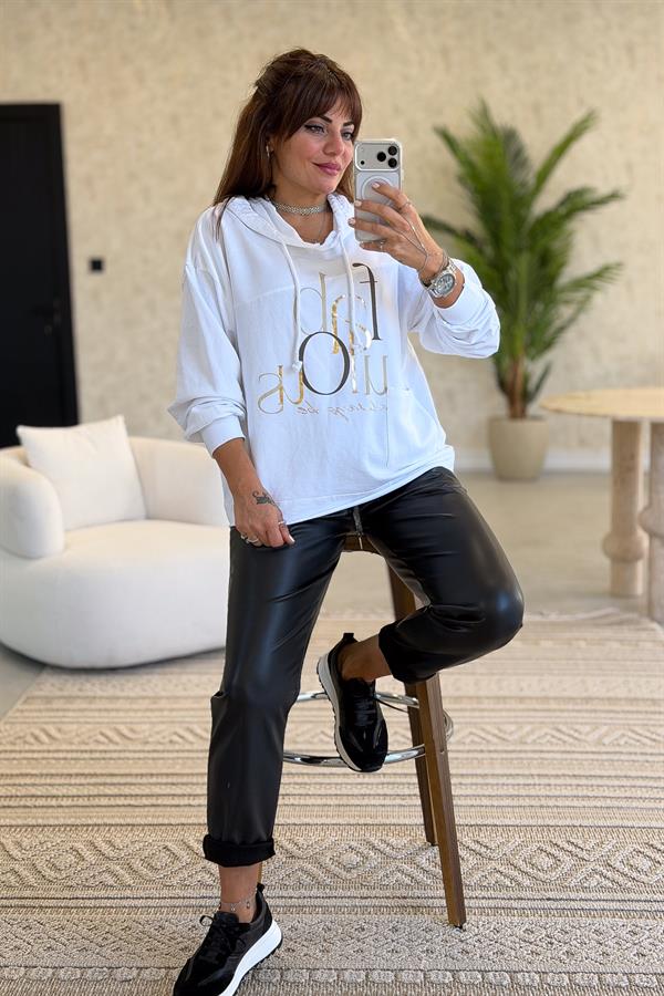Cep Detaylı Gold Yazılı Yıkamalı Kapüşonlu Sweet Beyaz Renk