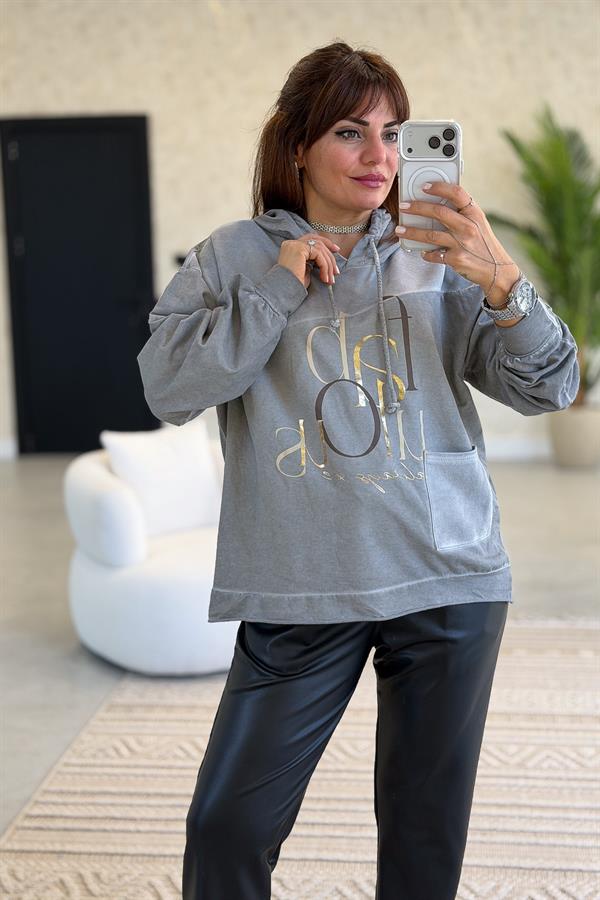 Cep Detaylı Gold Yazılı Yıkamalı Kapüşonlu Sweet Gri Renk