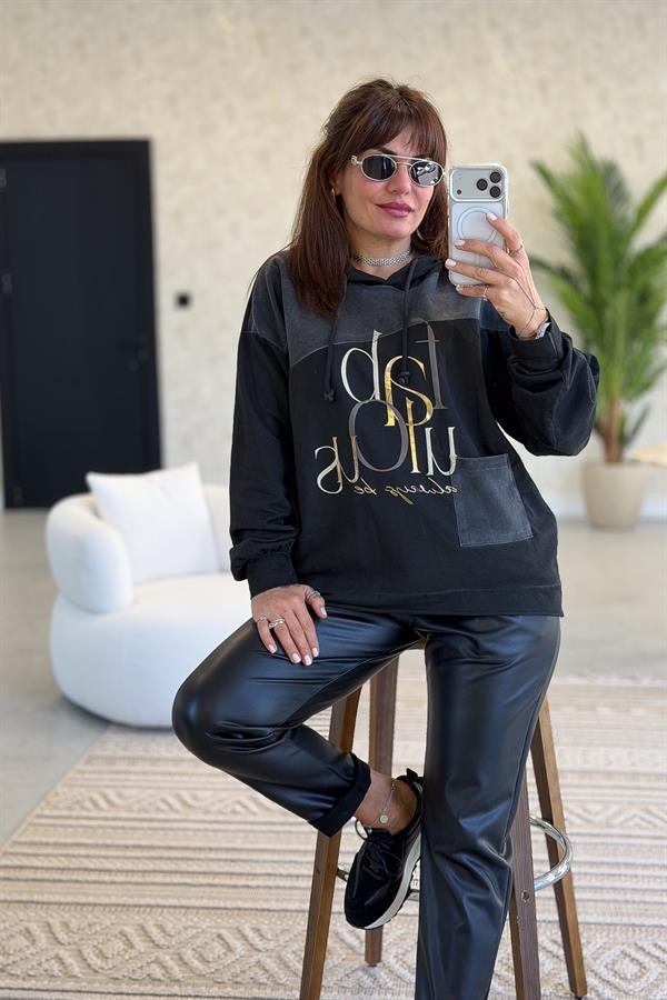 Cep Detaylı Gold Yazılı Yıkamalı Kapüşonlu Sweet Siyah Renk