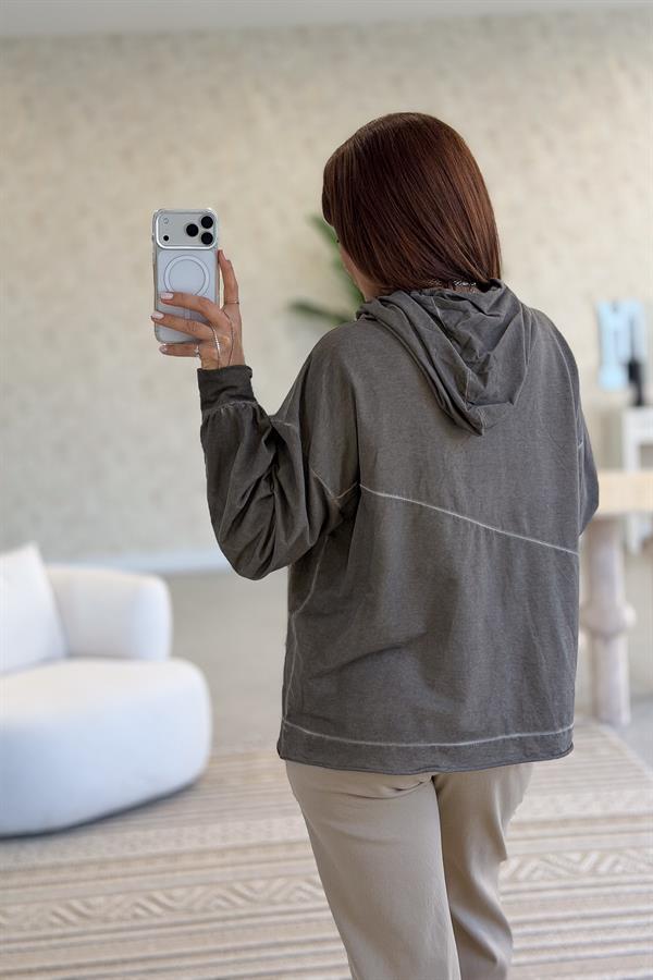 Cep Detaylı Gold Yazılı Yıkamalı Kapüşonlu Sweet Vizon Renk