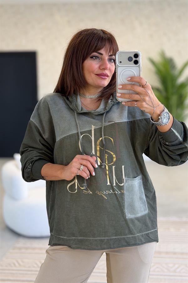 Cep Detaylı Gold Yazılı Yıkamalı Kapüşonlu Sweet Haki Renk