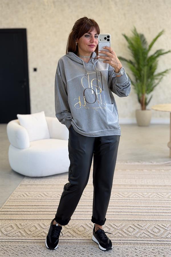 Cep Detaylı Gold Yazılı Yıkamalı Kapüşonlu Sweet Gri Renk