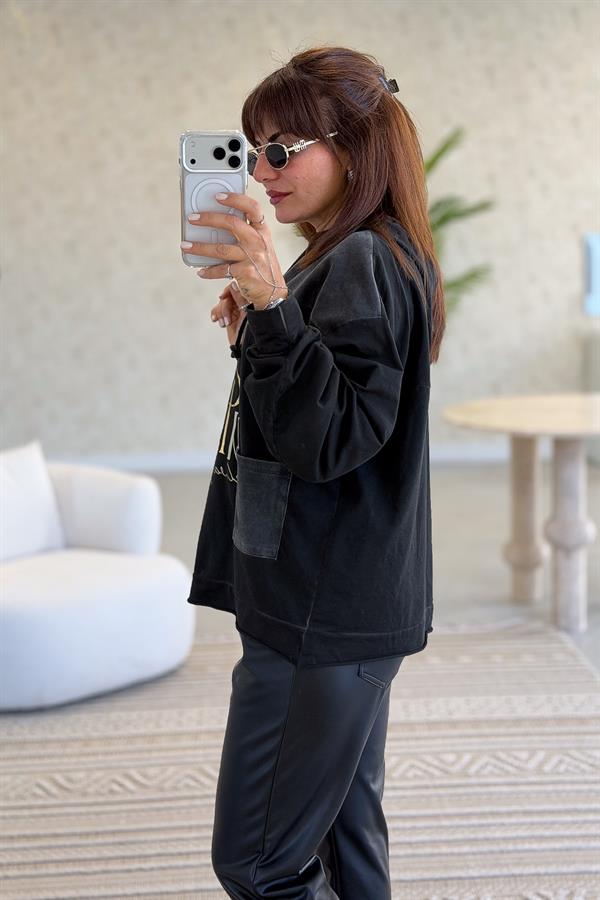 Cep Detaylı Gold Yazılı Yıkamalı Kapüşonlu Sweet Siyah Renk