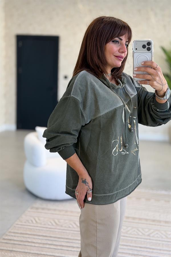 Cep Detaylı Gold Yazılı Yıkamalı Kapüşonlu Sweet Haki Renk