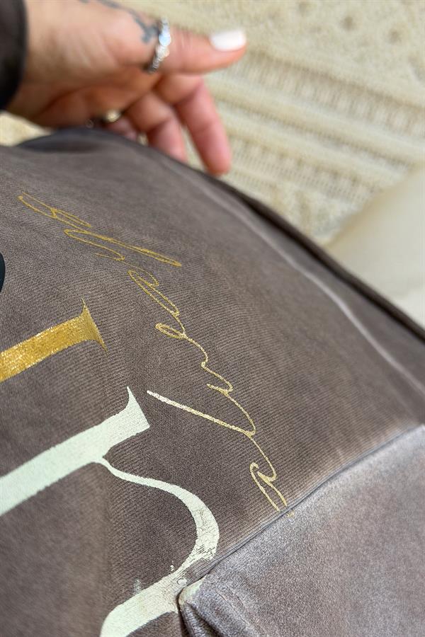 Cep Detaylı Gold Yazılı Yıkamalı Kapüşonlu Sweet Kahverengi Renk