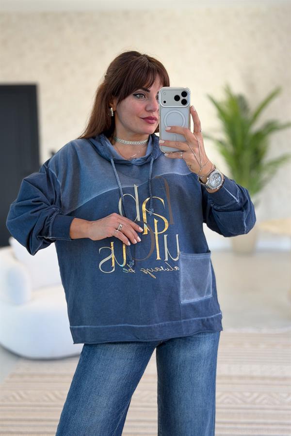 Cep Detaylı Gold Yazılı Yıkamalı Kapüşonlu Sweet İndigo Renk