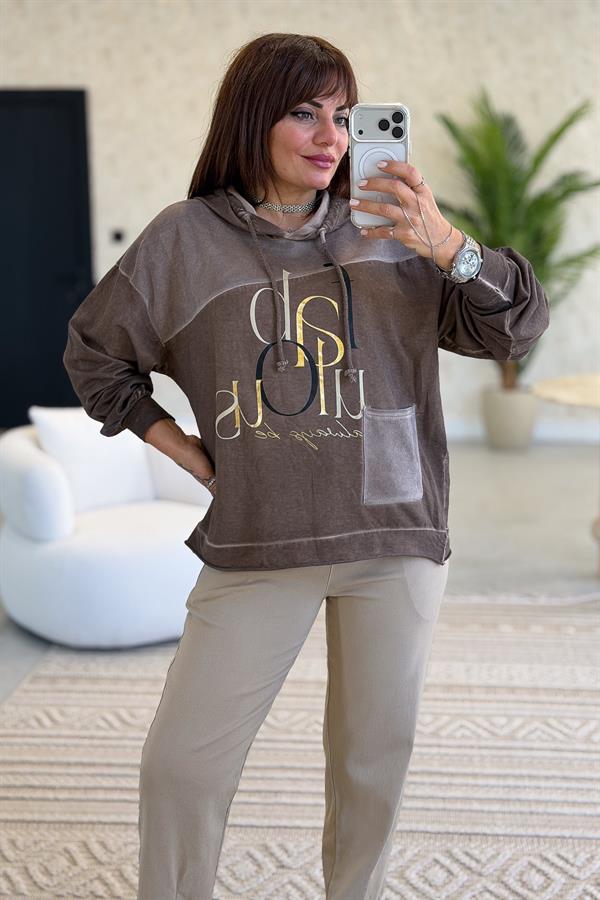 Cep Detaylı Gold Yazılı Yıkamalı Kapüşonlu Sweet Kahverengi Renk