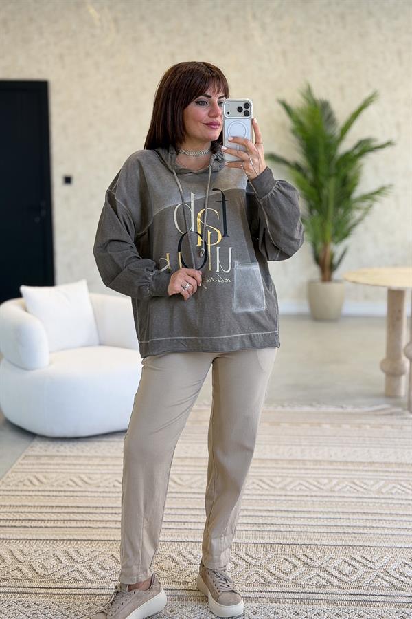 Cep Detaylı Gold Yazılı Yıkamalı Kapüşonlu Sweet Vizon Renk