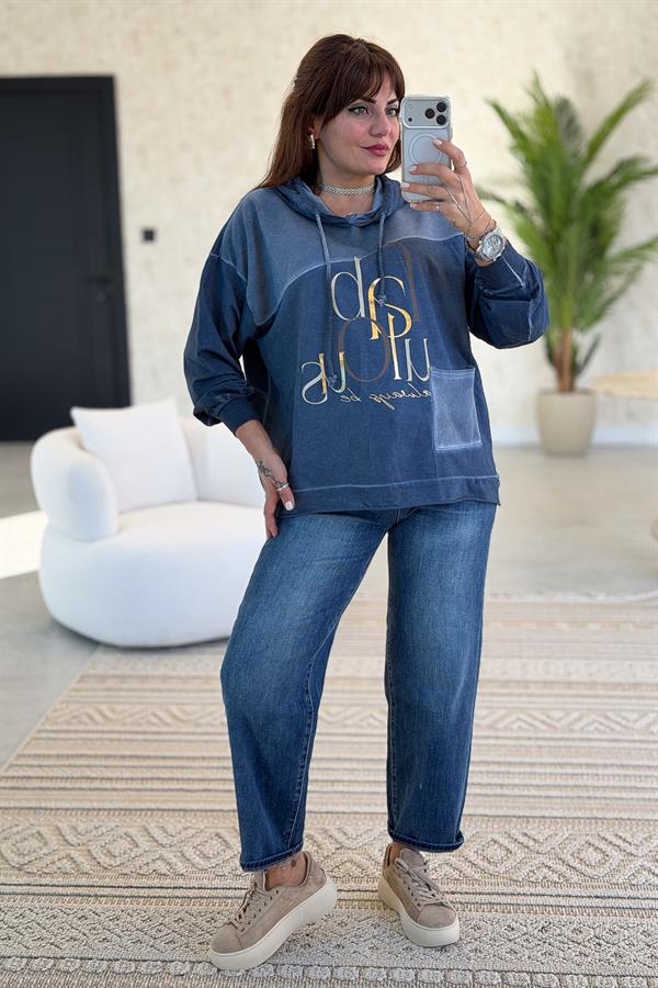 Cep Detaylı Gold Yazılı Yıkamalı Kapüşonlu Sweet İndigo Renk