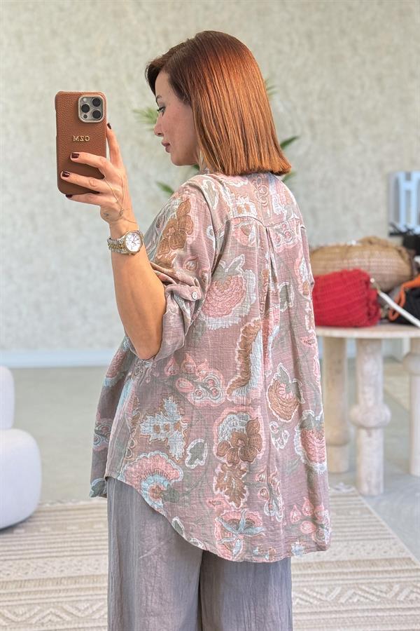 Cep Ve Şerit Pul Detay Soft Desen Pamuklu Gömlek Vizon Renk