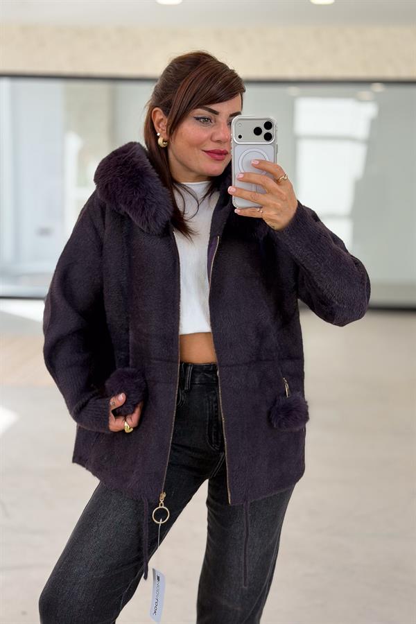 Cepleri Ponponlu Kapüşonu Kürklü Angora Mont Mürdüm Renk