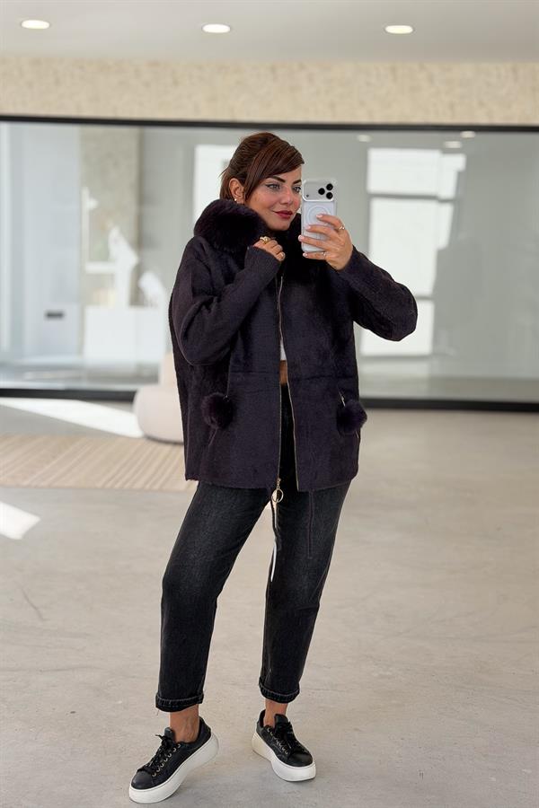 Cepleri Ponponlu Kapüşonu Kürklü Angora Mont Mürdüm Renk