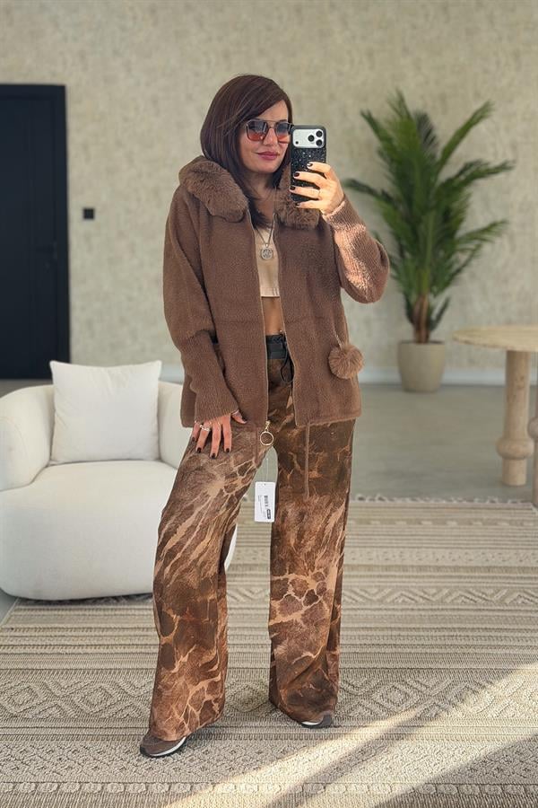 Cepleri Ponponlu Kapüşonu Kürklü Angora Mont Deve Tüyü Renk